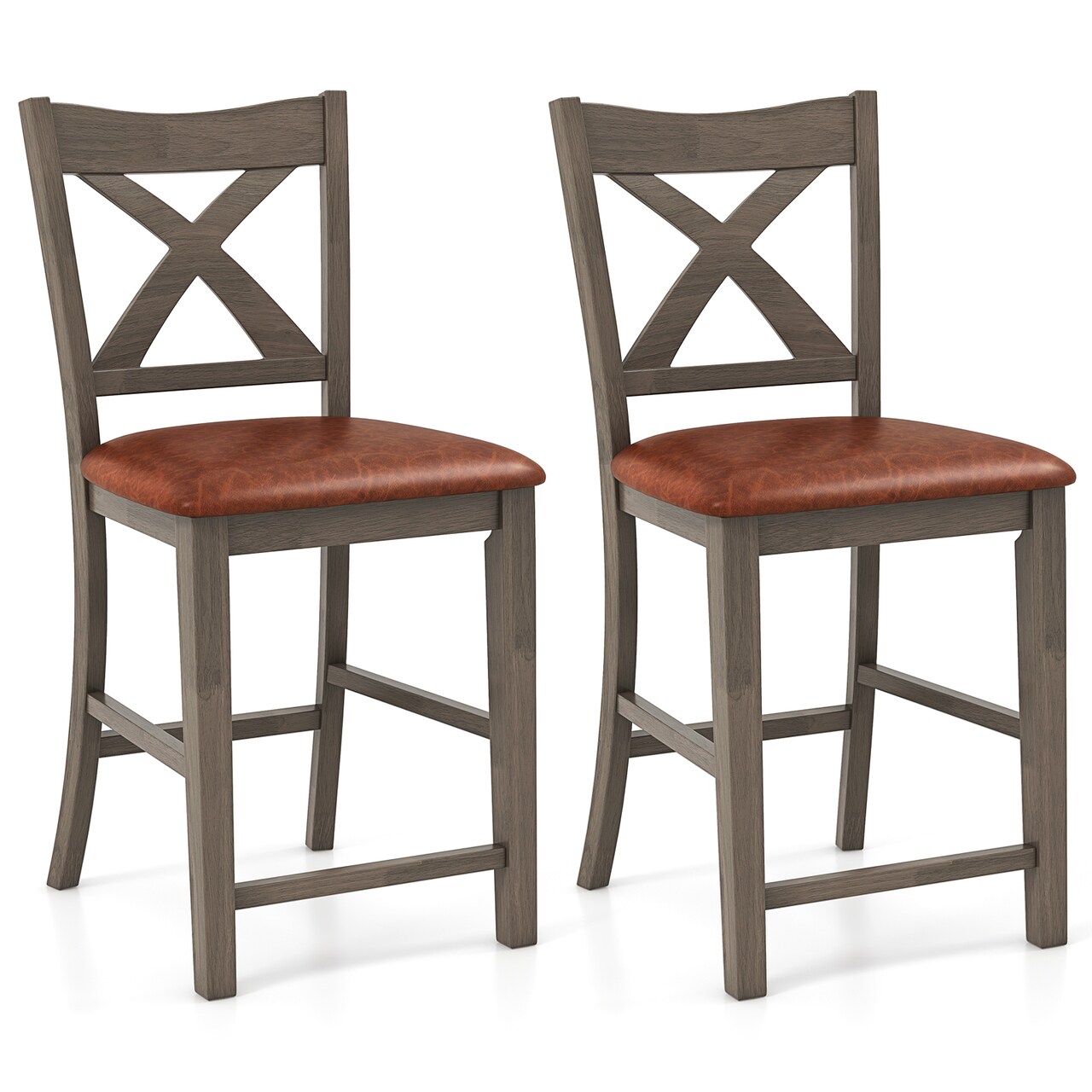 Bar Stools Set of 2 with Cross Back and Faux Leather Upholstered Seat-Grey